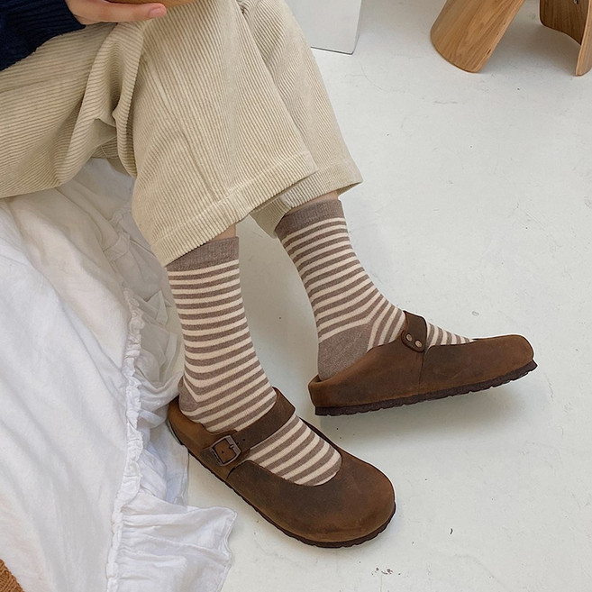 Strawberry Party 여성 빈티지 스트라이프 중목양말 면양말 통기성 캐주얼 패션 양말 4켤레 23-25cm