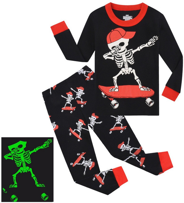 라움리에 여아 남아 가을 겨울 긴소매 검은색 할로윈 편한 야광 해골 실내복