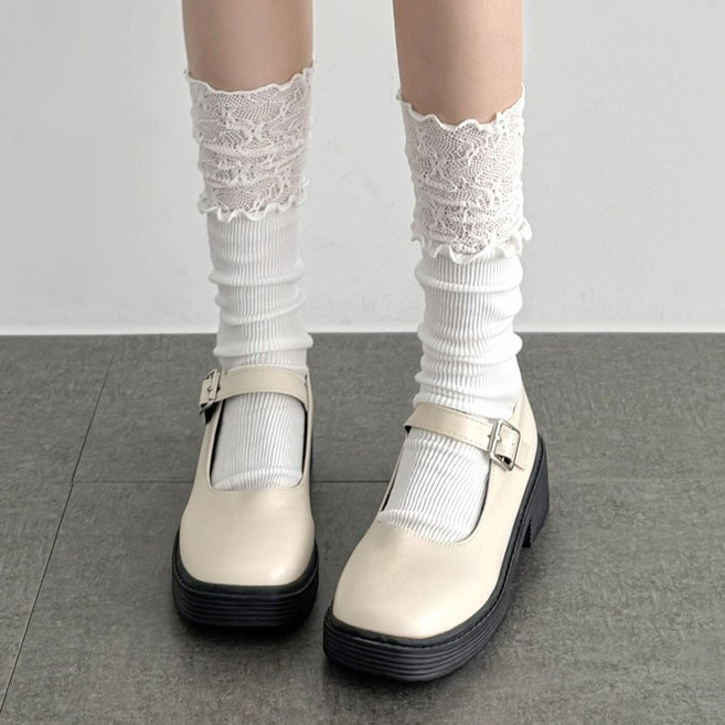 어나더뷰 2511 [1+1] 디어 레이스 골지 니삭스 양말 중목 장목 패턴 유니크 하이틴 키치 발레코어 봄 여름 패션 포인트