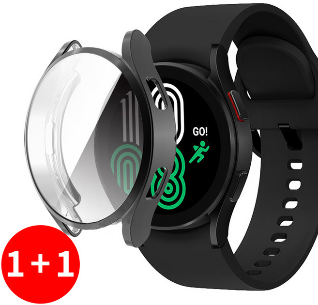 1+1 갤럭시워치4 5 6 호환 풀커버 강화유리 일체형 액정보호 케이스, 갤럭시 워치4, 40mm, 투명+블랙, 1개, 투명+블랙