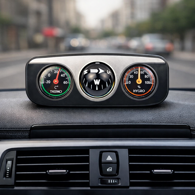 자동차 나침반 3in1 차량용 온도계 습도계 대시보드 캠핑, 블랙, 1개