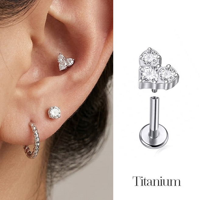 [바이베이직] 티타늄 하트 큐빅 피어싱 1개 의료용 소재 고급 F136 Titanium G23 무알러지 피부안심 굵기 1.2mm 길이 8mm 레이어드