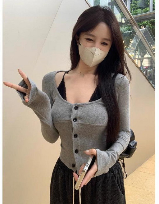 假兩件蕾絲吊帶長袖T恤 秋冬辣妹性感修身顯瘦純欲風上衣