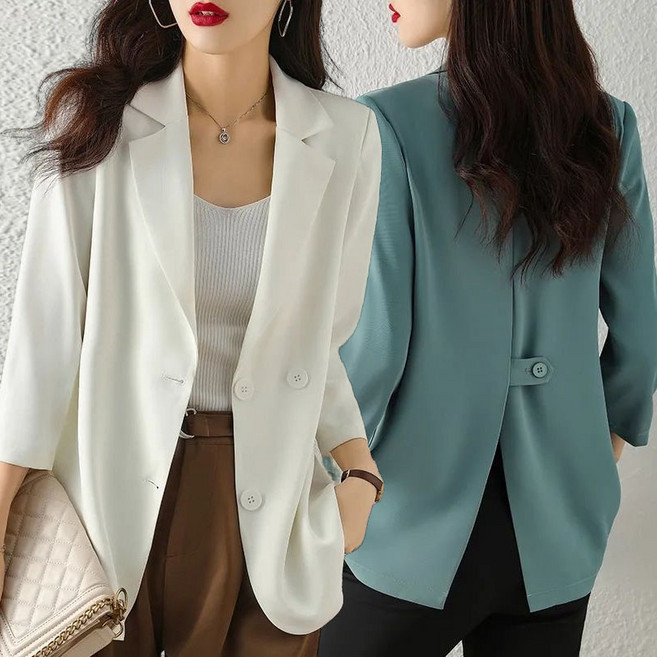 JUSTFEELING 7부소매 정장 자켓 여름 루즈핏 얇은 외출 아우터 하객룩 블레이저 정장코트 날씬해보이는 정장 재킷 점퍼 S-3XL