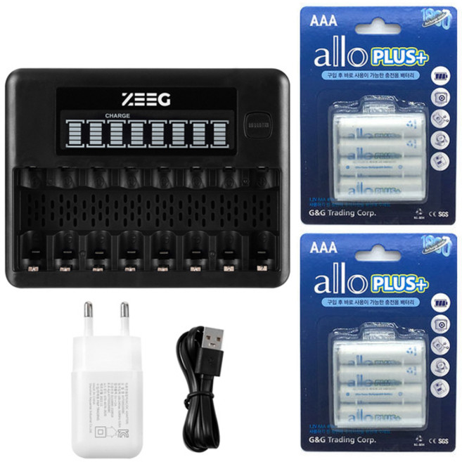 지그 스마트 8구 AA AAA 충전기 + ALLO 충전지 세트, 지그 8구 충전기+플러스AAA(작은거)충전지 8알 세트, 1개