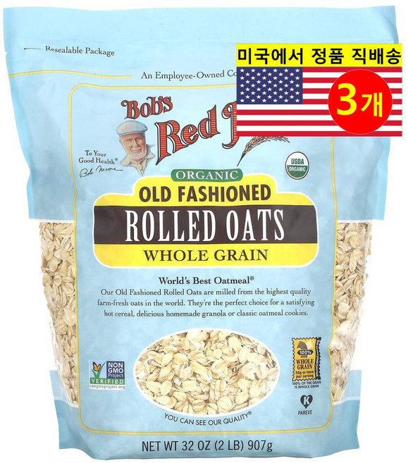 Bob's Red Mill 건강하고 맛있는 식사 간식용 오가닉 통곡물 올드 패셔닝 롤드 오트 납작 귀리 907g 1개, 3개