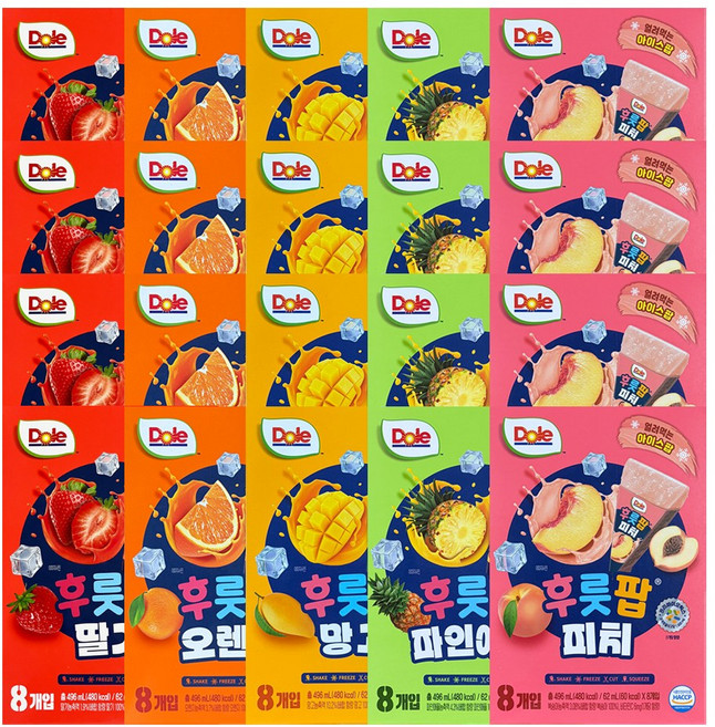 DOLE 돌후룻팝 5종혼합 (망고4 오렌지4 피치4 파인애플 딸기4), 20개, 496ml