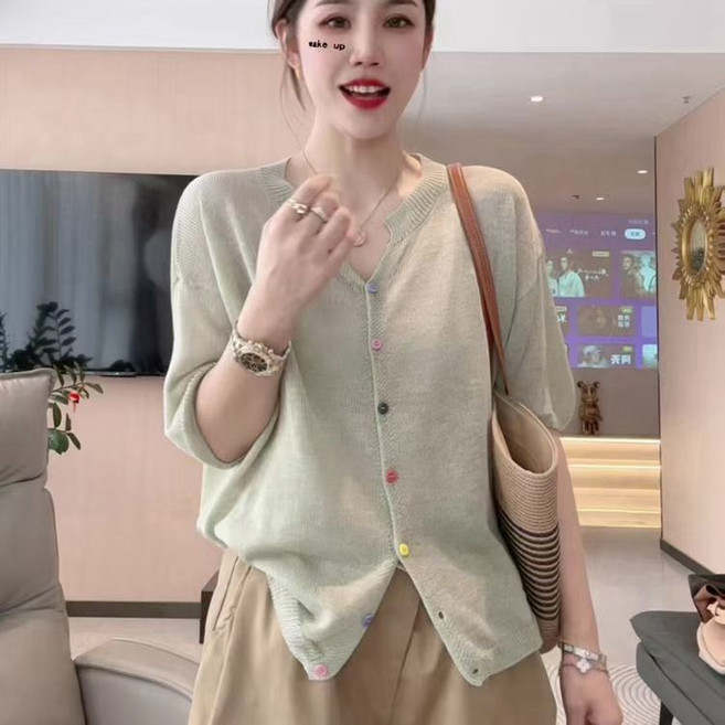 빅사이즈 여성 쿨링 냉감 반팔 가디건 루즈핏 오버핏 니트 가디건 티셔츠