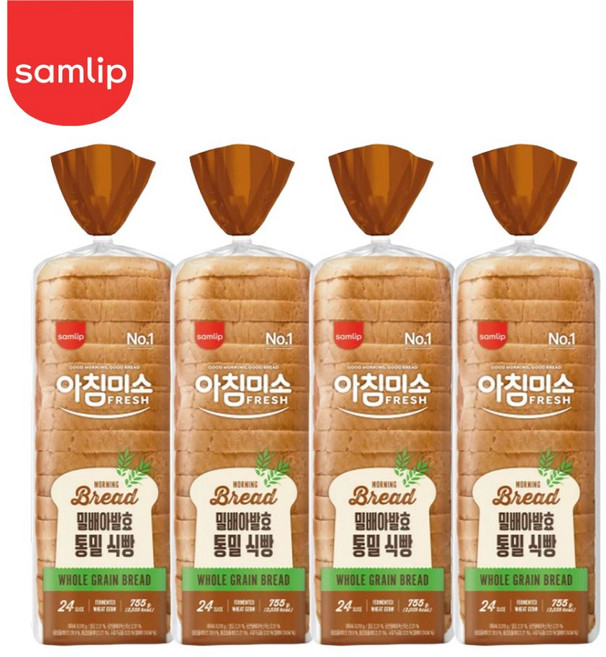 삼립 통밀식빵 쫄깃한 식감 곡물 풍미 가득 24슬라이스, 755g, 4개