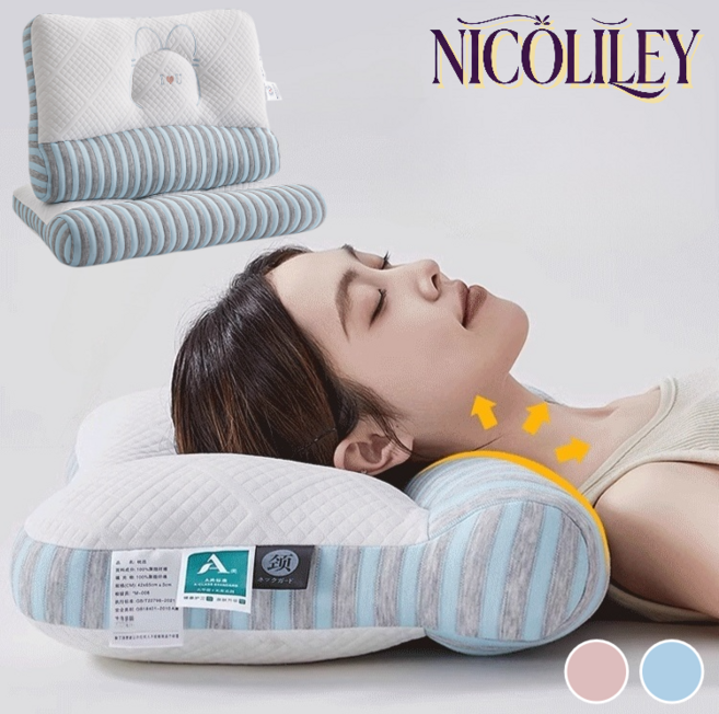 Nicoliley 낮은베개 곰돌이 목베개 편한 수면 경추베개 인체 공학적 디자인, 분홍색