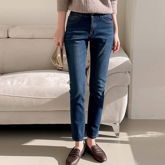 루나진 여성용 스판 슬림 일자핏 진청 청바지