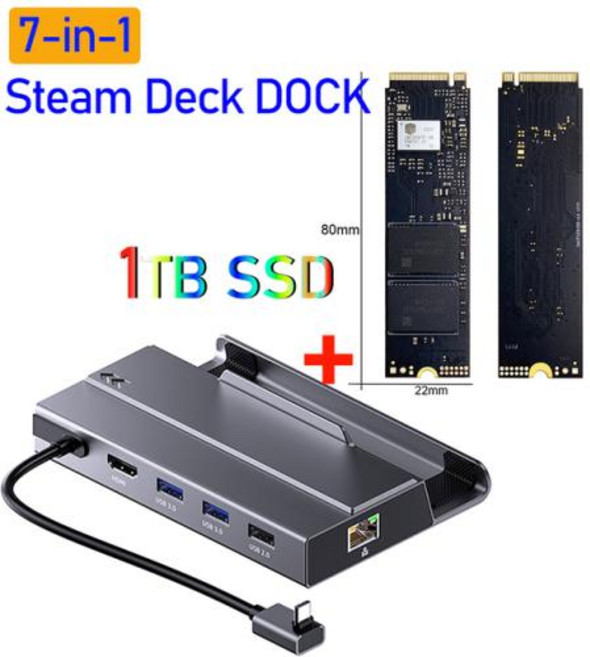 OLJ 7 in 1 type c 허브 nvme 독 hd HDMI 4k 60hz ssd 도킹 스테이션 100w pd 충전 RJ45 1000M 스팀 데크 독 jsaux ayaneo, 5) with 1TB SSD, 1개