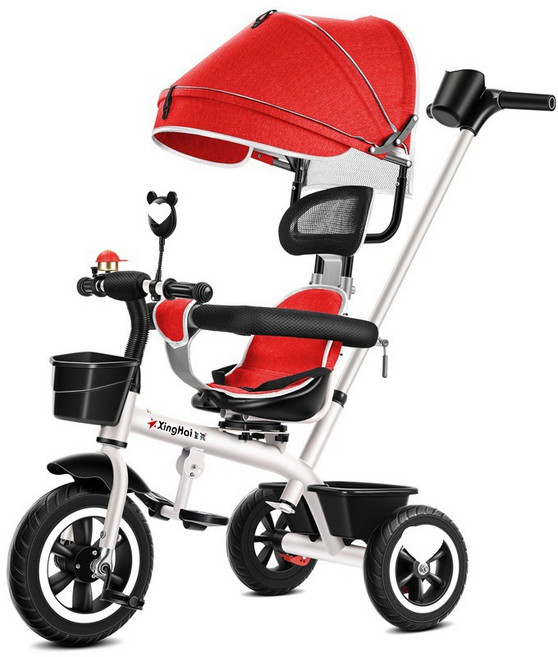 DIU 兒童三輪車1-3-2-6歲大號寶寶嬰兒手推車腳踏自行車生日禮物, 1個, 深棕色 白紅鈦空帶蓬轉坐:如圖