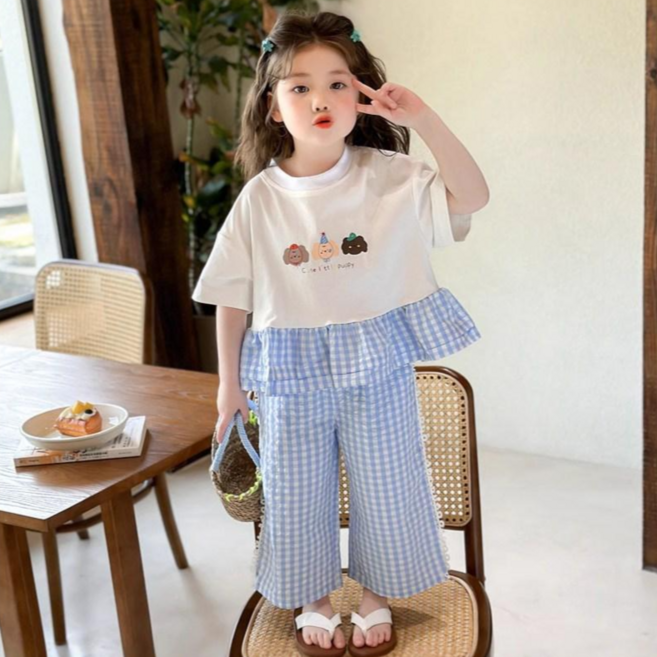 블링래빗 블루 체크 프릴 반팔 9부 팬츠 상하복 100~140 키즈 주니어 여아용 여름 상하의 세트