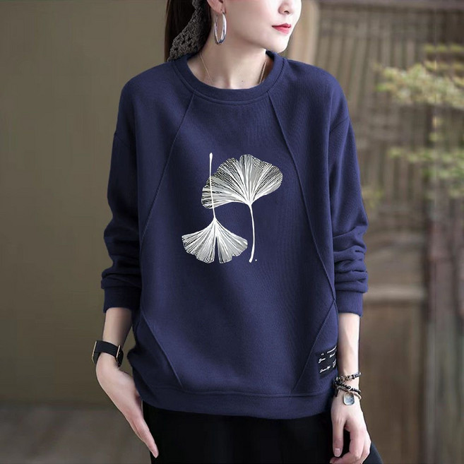 Makone 여성 순면 맨투맨 프린트 라운드넥 루즈핏 빅사이즈 캐주얼 긴팔 티셔츠