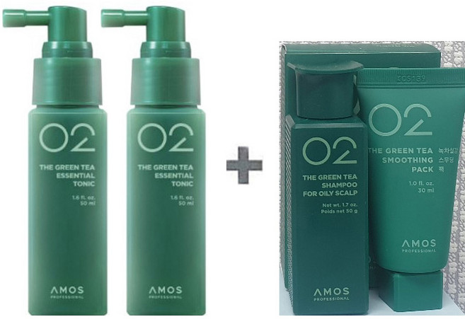 아모스 녹차실감 에센셜 토닉 50ml x2개(100ml) + 시그니처 키트(녹차실감 지성 샴푸 50g+스무딩 팩 30ml) 증정