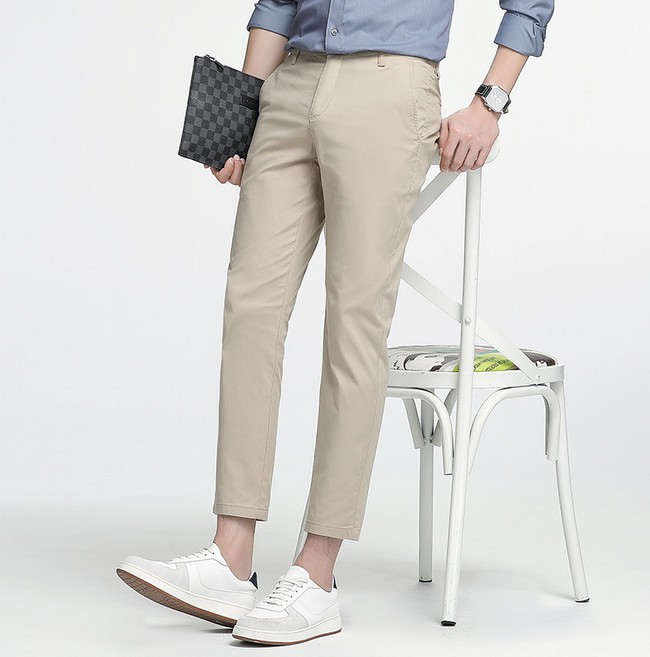 POMTOR 남자 여름 쿨 스판 코튼 정장바지 9부 캐주얼 비즈니스룩