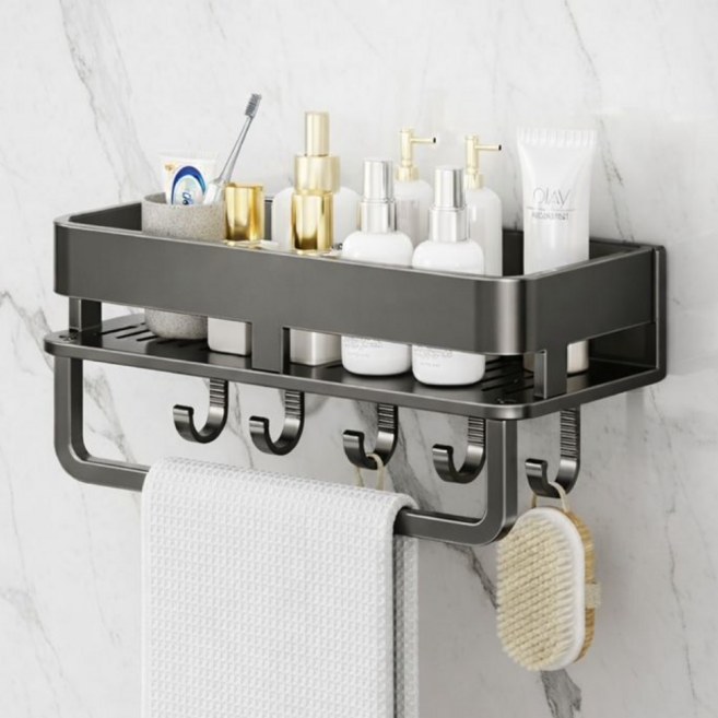 홈플로우 알루미늄 무타공 물빠짐 욕실 선반, 1개, 차콜