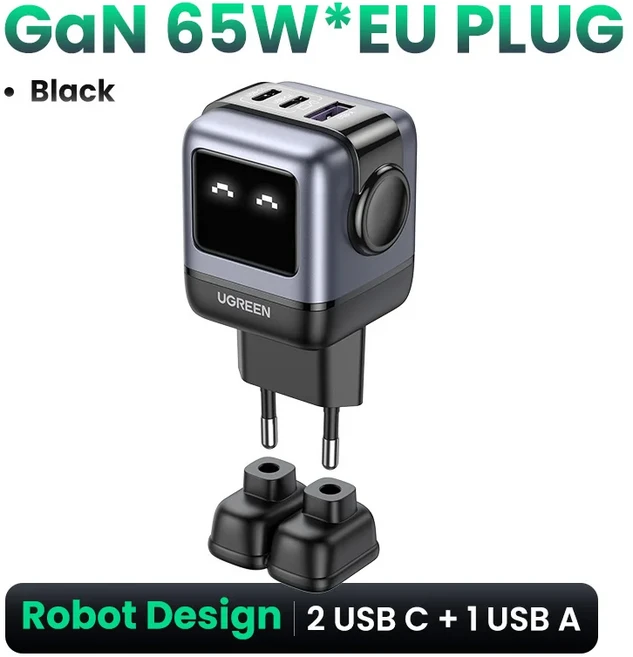UGREEN 65W GaN 충전기 (Uno Robot 디자인) Quick Charge 4.0 3.0 PPS PD 고속 충전기 iPhone 17 16 15 Pr, 03 EU GaN 65W Black