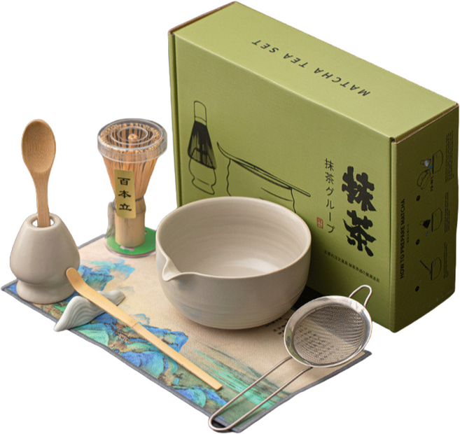 陶瓷茶筅茶碗組 含粉篩濾網茶撥 完整居家日式點茶道茶具 體驗禪意生活, 半螺抹茶8件套【米黃汝窯】, 1個