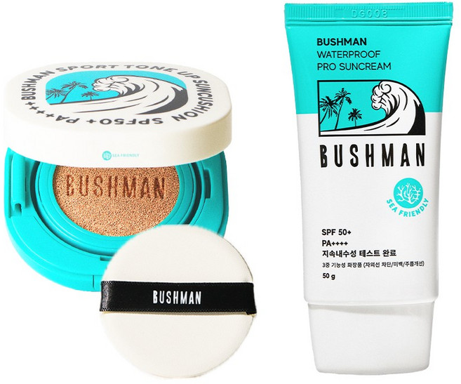 부쉬맨 스포츠 톤업 선쿠션15g + 워터프루프 프로 선크림 50g SPF50+ PA++++ 세트, 1개