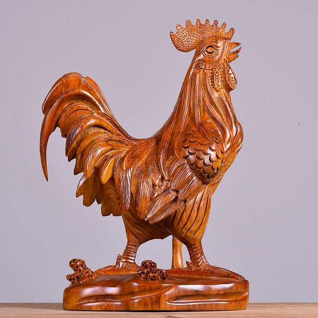 木雕雞擺件 黃花梨實木工藝品, 整料精雕高為26cm