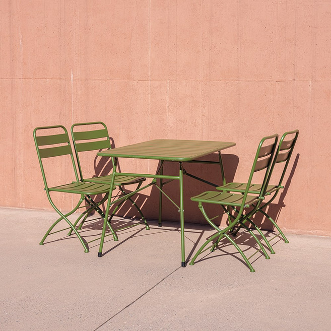 바젤 접이식 야외 테이블 의자 세트 4인 철제 체어, 그린