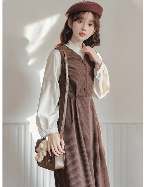 녕동 여성 투피스 세트 코듀로이 나시 원피스+긴팔 셔츠 봄가을 투피스