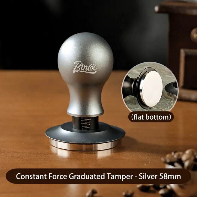 BINCOO 커피 탬퍼 리플 베이스 레벨링 일정 압력 용수철 바리스타 도구 에스프레소 액세서리 51mm, 03 Flat Silver-58mm, 1개