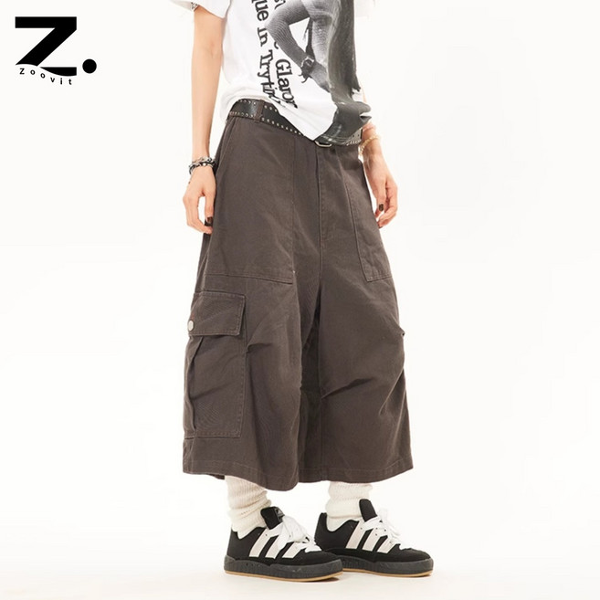 zoovit 여성용 여름 데님 와이드 팬츠 카고 일자 와이드 7부 팬츠