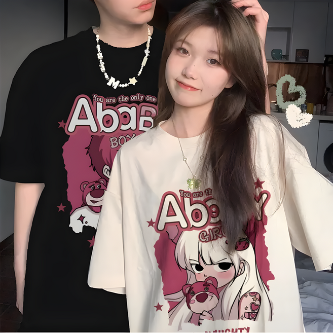 1+1 남녀공용 라운드넥 오버핏 여름 커플룩 반팔 티셔츠