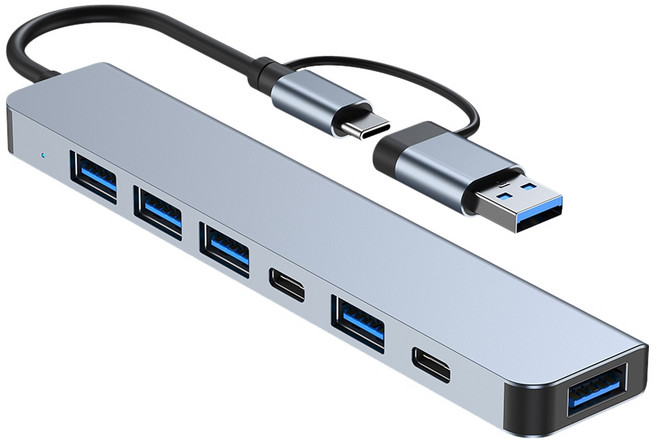 多孔 Type-C USB3.0 USB2.0 七孔集線器 供電傳輸 七合一轉接分線器, 1個, 銀色, 銀色
