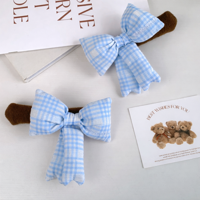 로로먼트 체크 리본 문고리 커버 도톰한 쿠션형 아이 머리 충격 보호 벽면보호 측간소음 방지 층간소음, 파랑