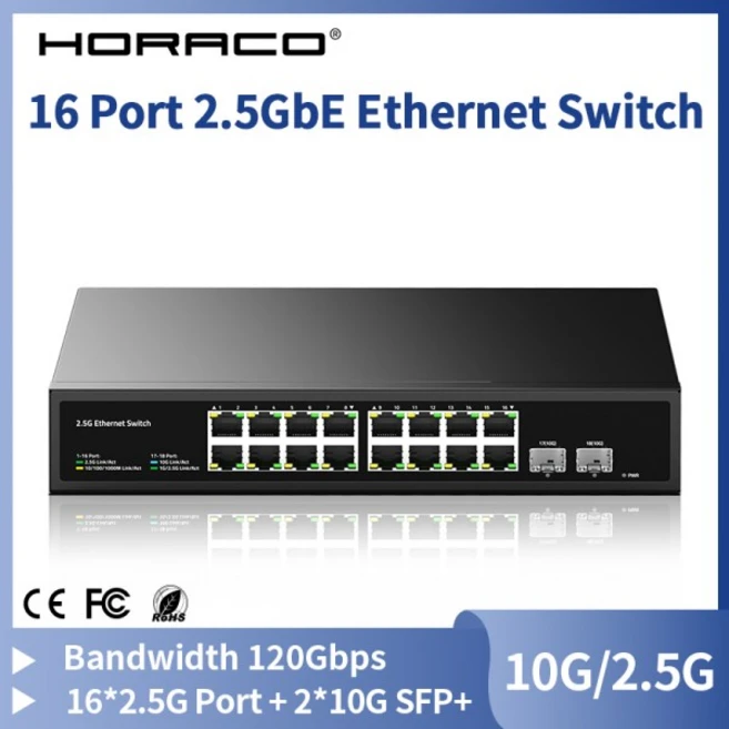 HORACO 16포트 2.5G 이더넷 스위치 (2포트 10G SFP 네트워크 스위치 포함) 120G 대역폭 비관리형 네트워킹, 03 UK Adapter - 쿠팡