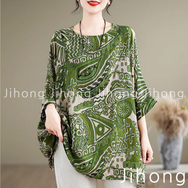 지홍 여름 프린팅 블라우스 가오리핏 빅사이즈 오버핏 88 99 아주큰 미시 마담 XXX