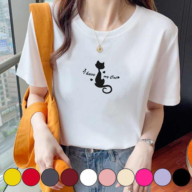 그리내 여성 라운드넥 여름 시원한 반팔티 러블리 캣 커플티 고양이 캐릭터 이너 홈웨어 프린팅 티셔츠