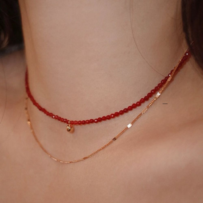 티큐 여성 페스티벌 바캉스 레드 비즈 슬림 골드 체인 레이어드 목걸이 2종 세트 A2305