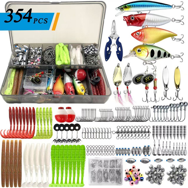 루어낚시미끼세트 소프트베이트 하드베이트 미노우 웜 플라이어 태클박스 354종, 1개, 630g, 혼합색상