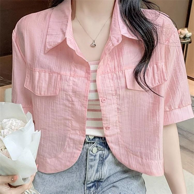여성 여름 반팔 크롭 자켓 가벼운 숏 아우터 시원한 레이어드룩 오피스룩 캐주얼 블라우스 셔츠