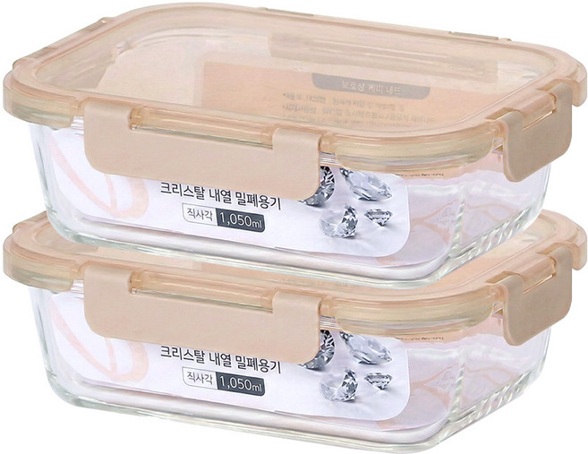 오븐글라스 내열 강화유리 밀폐용기 세트 (전자렌지사용가능), 1개, (2종) 1050ml x 2개