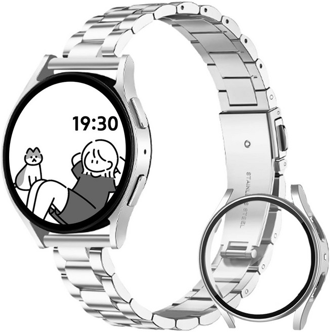 아이비온 갤럭시워치 슬림 메탈 스트랩 40 44 mm + 풀커버 케이스 세트, 퓨어실버, 1개