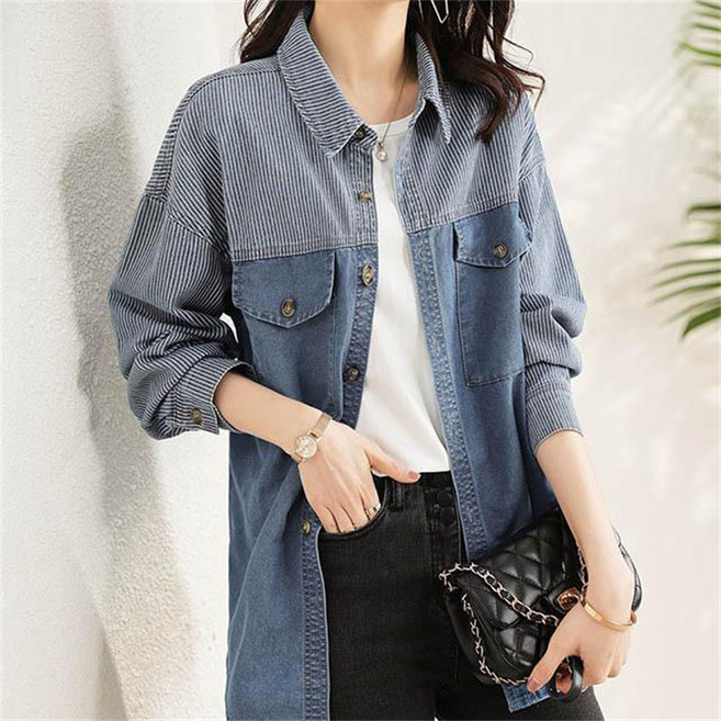 AOKADA 중년 여성 봄 가을 패치워크 데님 재킷 루즈핏 카라넥 청자켓