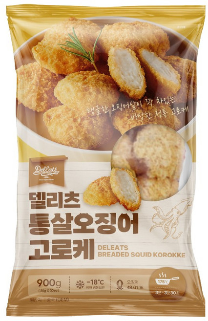 [오늘출발] 델리츠 통살오징어고로케 30개 오징어48% 냉동, 1개, 900g