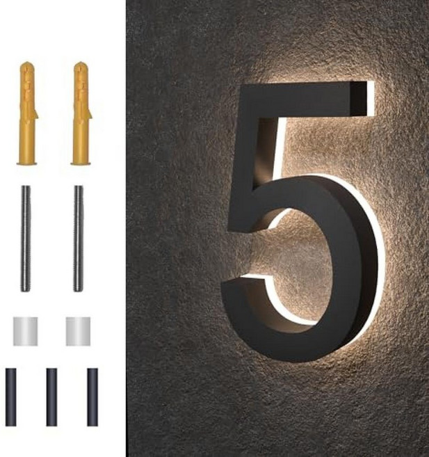 MIDIT 15.2cm6인치 백라이트 LED 하우스 번호 방수 스테인리스 스틸 높은 투명도 아크릴 조명 집 주소 조명이 있는 현대 숫자 9 103942, 6 Inch, 15.2cm(6인치) 하우스 번호 5