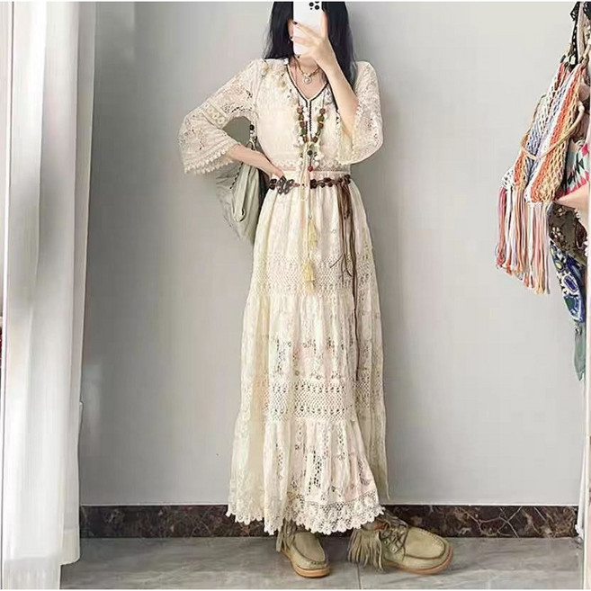 JoYouth 여성 캐주얼 롱 원피스 보헤미안 수술 에스닉 부클 레이스 플레어 펀칭 레이스 루즈핏 가을