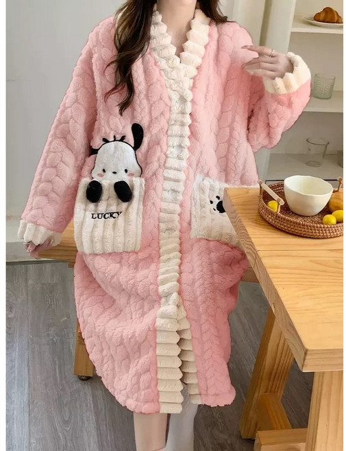 몽실몽실 수면 롱 원피스 극세사 수면 잠옷 겨울 홈웨어 루즈핏 빅사이즈 파자마 가운 단추