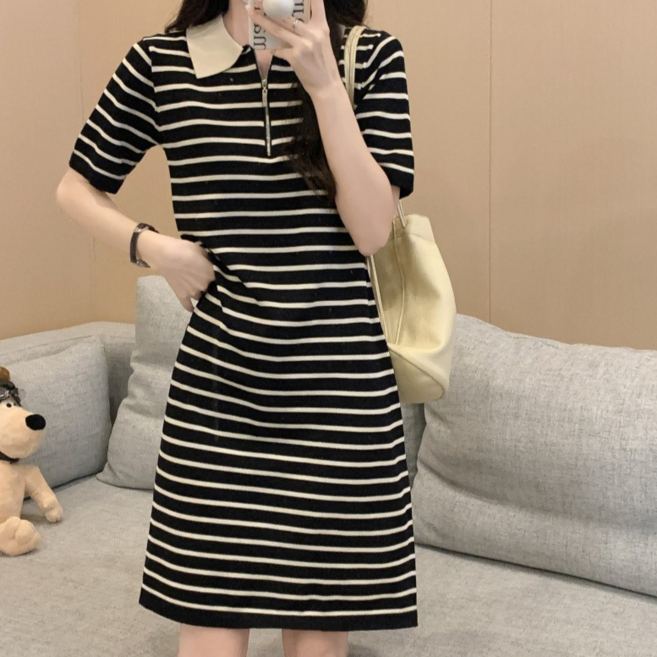 MHJINA 숏/롱 패티 단가라 스트라이프 오픈 카라 슬림핏 반팔 니트 원피스 키작녀