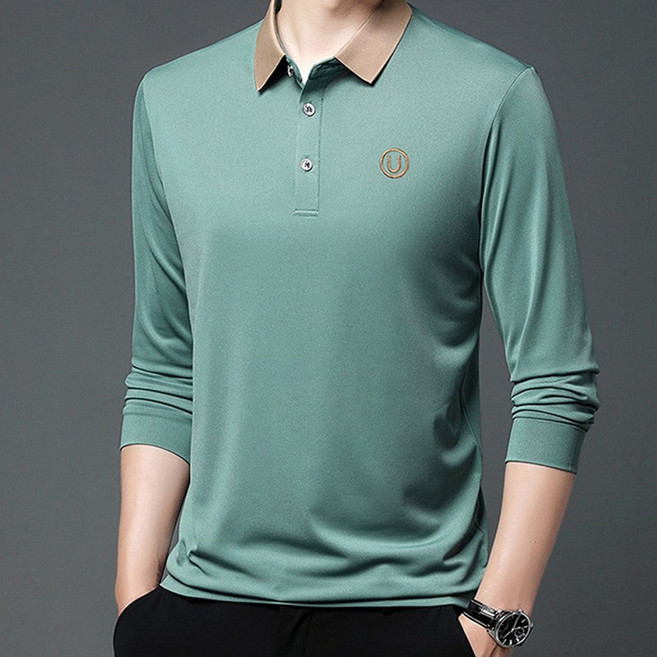 남성용 하이엔드 배색 카라 자수 포인트 긴팔 티셔츠 시보리 소매 간절기 상의 (SH-4034)