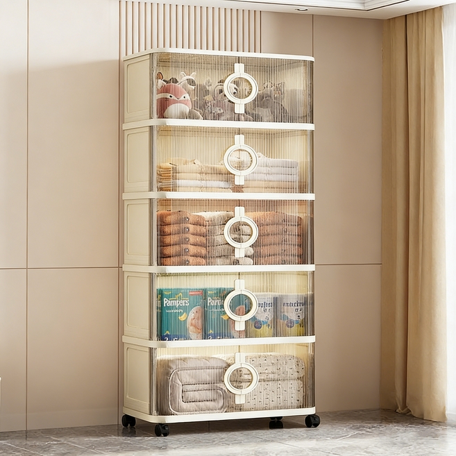 LOVFIR 미닫이 수납장 하우블렌 이동식 접이식 대용량 정리함 거실 부엌 침실 리빙박스 폴딩박스, 투명한