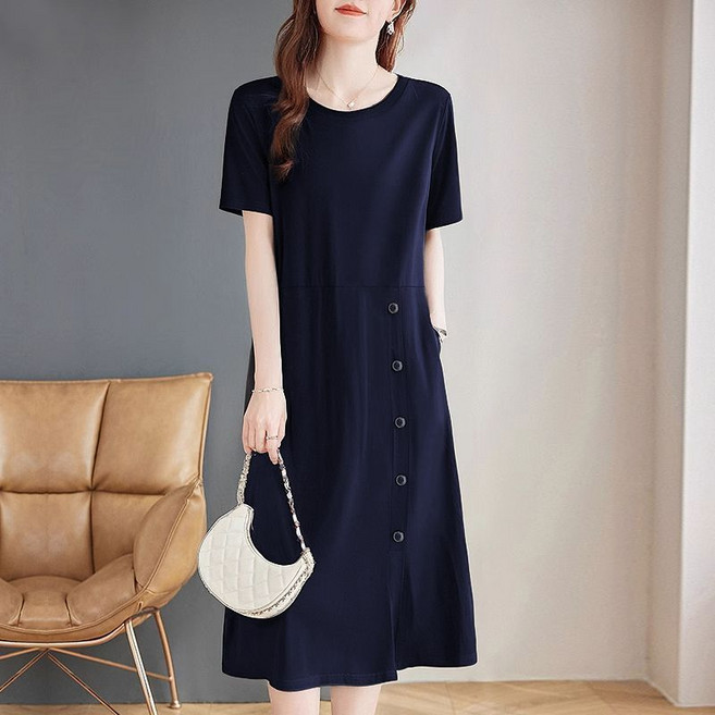 메인워크 중년 여성 빅사이즈 반팔 원피스 여름 엄마룩 패션 시크 데일리 허리 조임 A라인 슬림핏 기질 패션 하객룩 롱 스커트